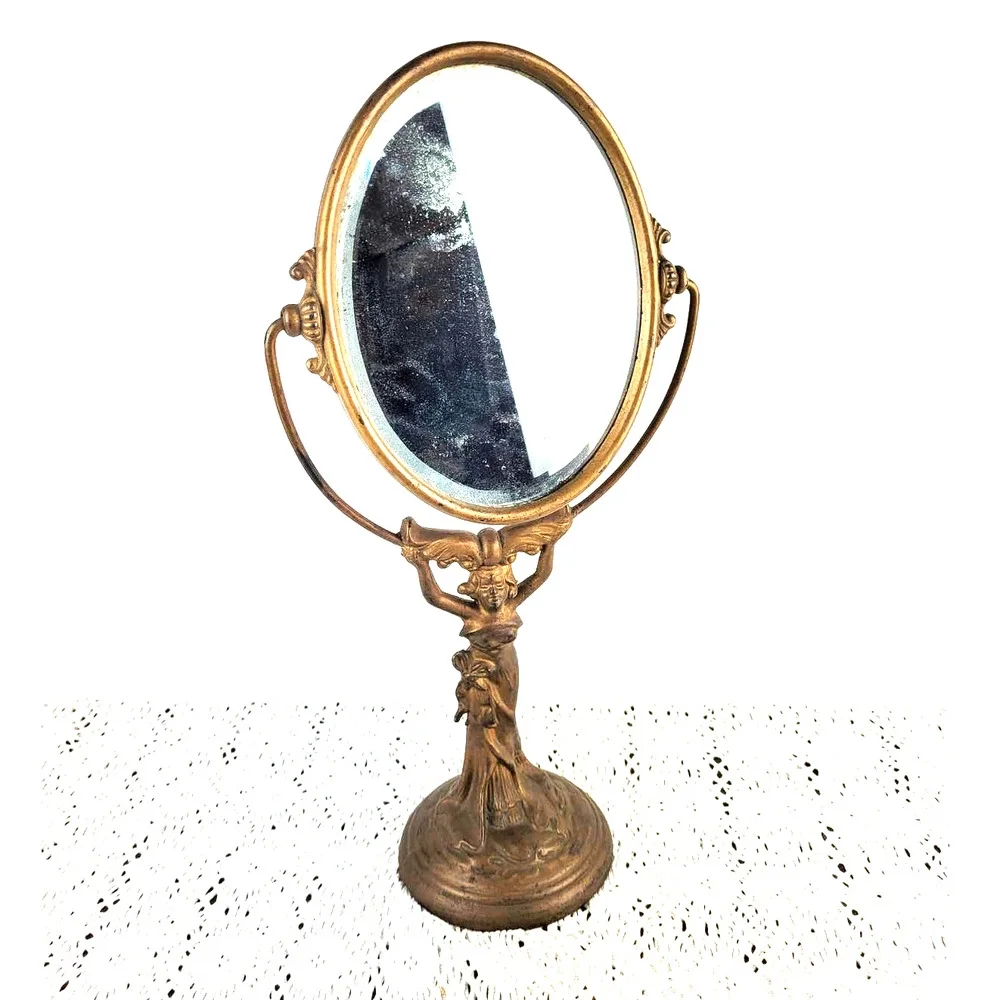 Antique 1910s Art Nouveau Woman Cast Iron or Bronze Vanity Lady Holding Mirror